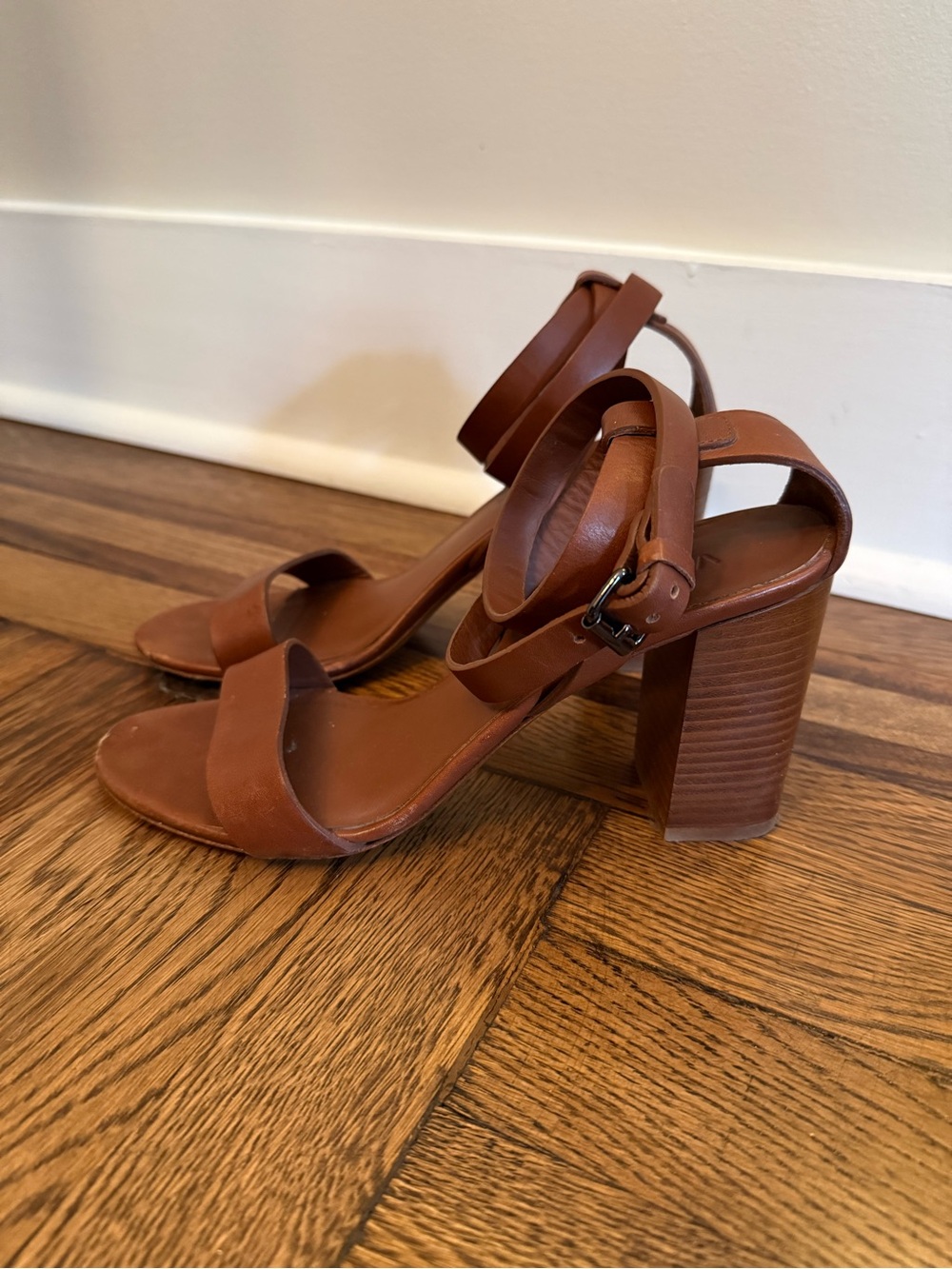 Vince Brown Leather Block Heel Sandals with Ankle Strap
